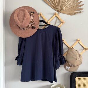 Laura Ashley Navy Blue Blouse with Lace Sleeves